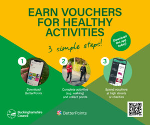 How to earn Better Points vouchers through healthy activities. Green and yellow background and images of people walking and using app.