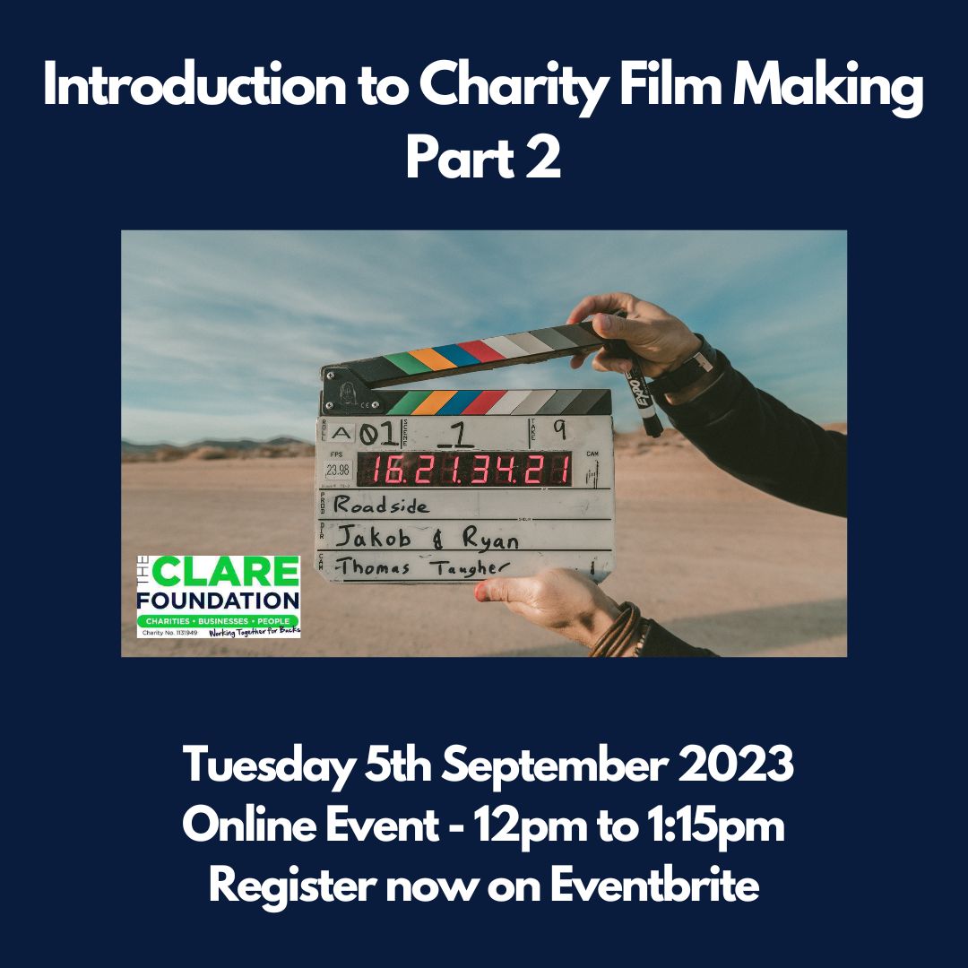 Poster promoting 'Introduction to Film Making - Part 2' webinar. Tuesday 5th September 2023. Image of clapperboard being held with beach in the background. TCF logo.