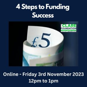Image of £5 note & TCF logo promoting online webinar '4 steps to funding success' 03.11.2023 12pm to 1pm