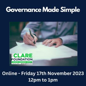 Image of person sitting at desk and writing, TCF logo, promoting online webinar 'governance made simple' 17.10.23 12pm to 1pm