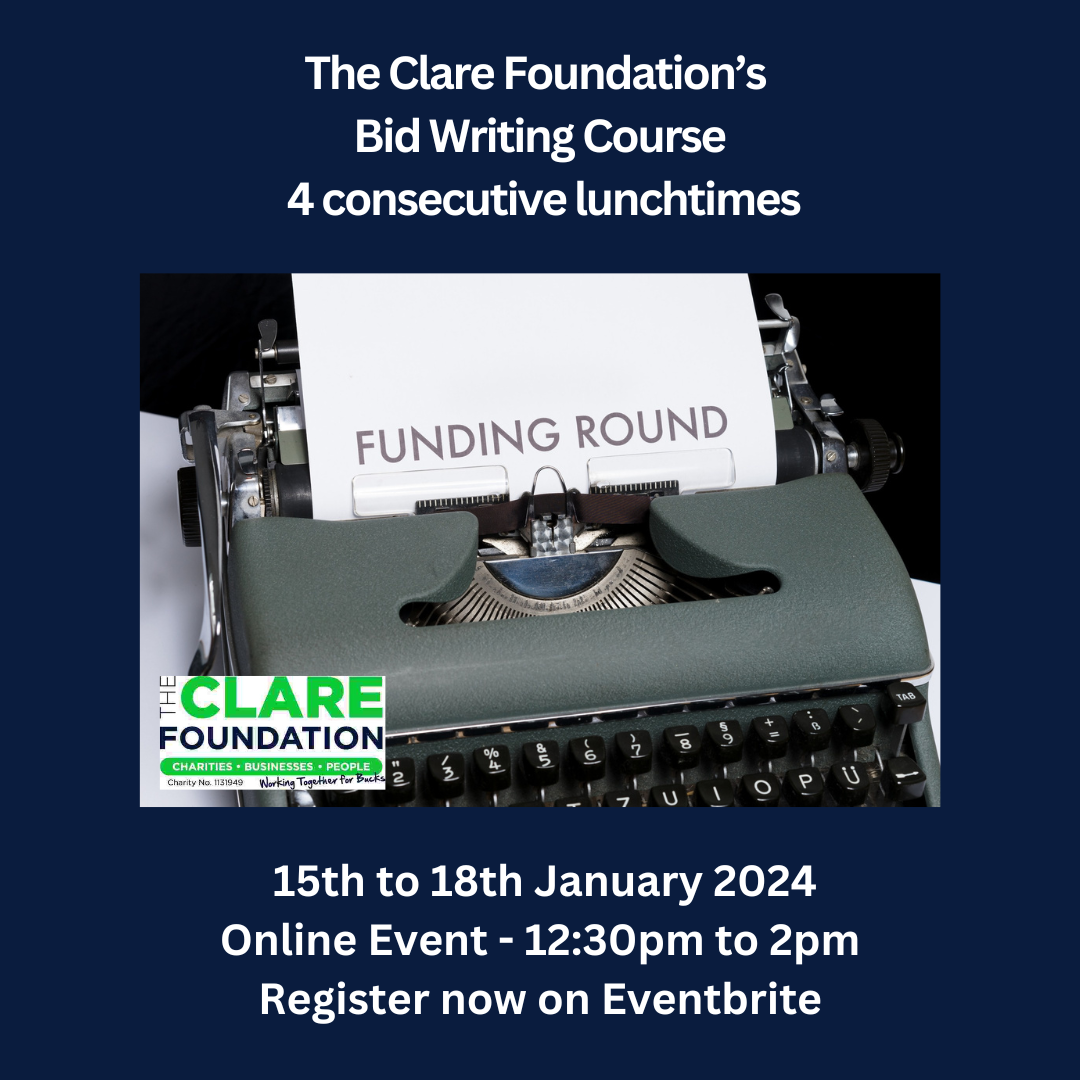 Image of typewriter with a sheet of paper and the text 'Funding Round' promoting TCF online bid writing course 15-18 Jan24