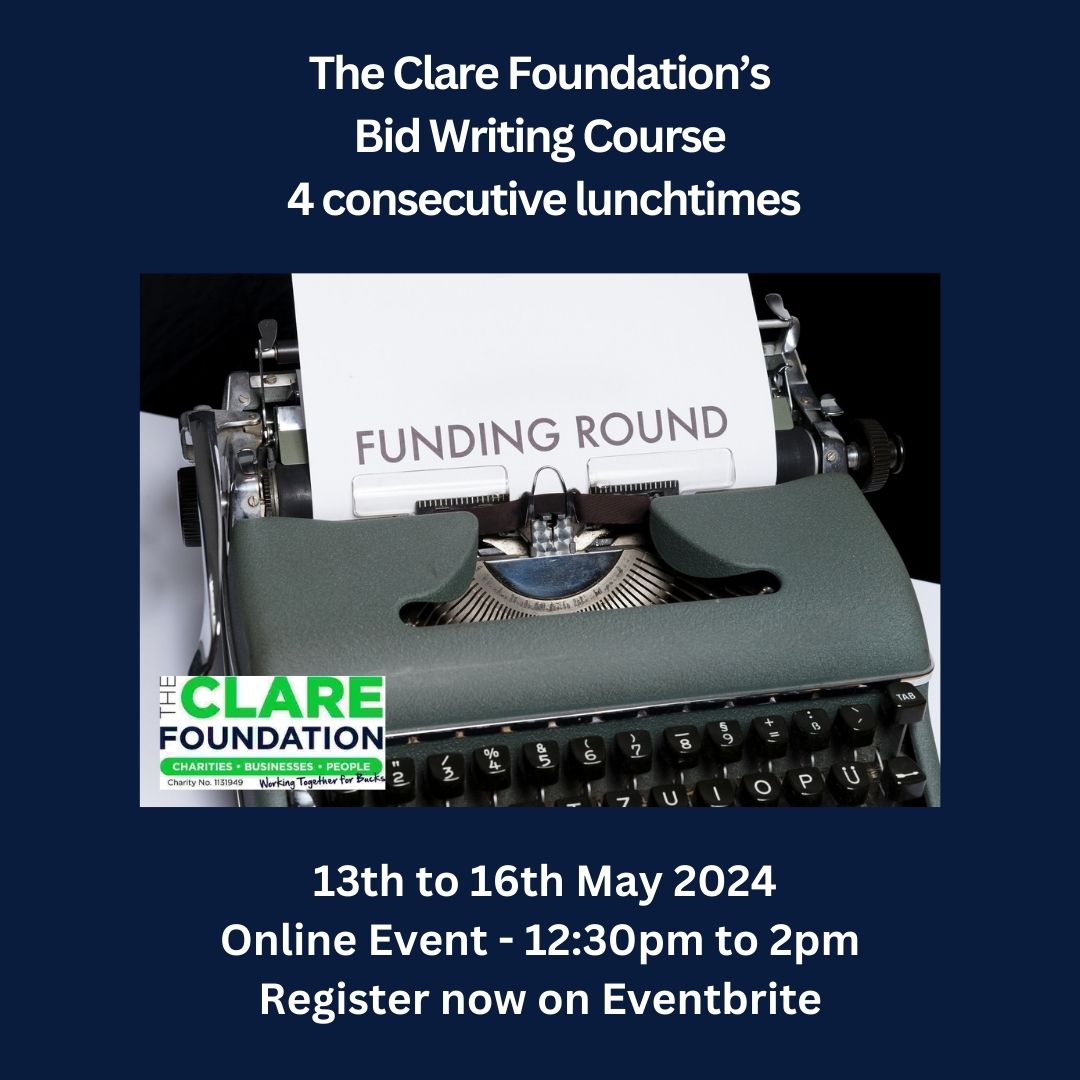 Image of typewriter with a sheet of paper and the text 'Funding Round' promoting TCF online bid writing course 13-16 May24