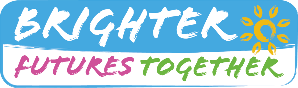 Brighter Futures Together text logo in a rounded rectangle with bright colours highlighting the text.