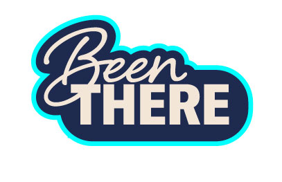 Been There logo in text with bright blue and green shadow around the text