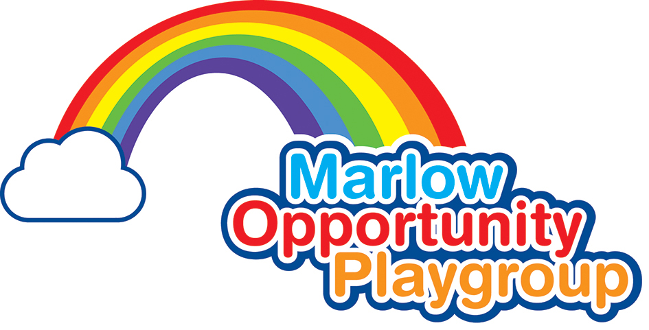 Marlow Opportunity Playgroup text with a bright rainbow arching from a cloud behind into the text