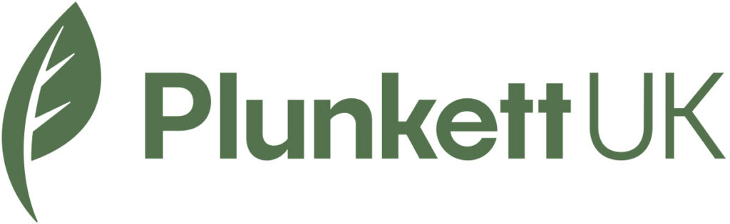 Plunkett UK text logo in a muddy green with a cartoon leaf before the text