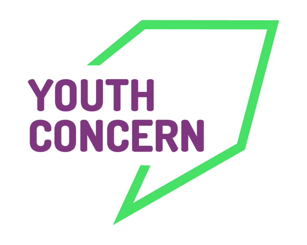 Youth Concern text logo in purple with a luminous green arrow pointing North East from the text