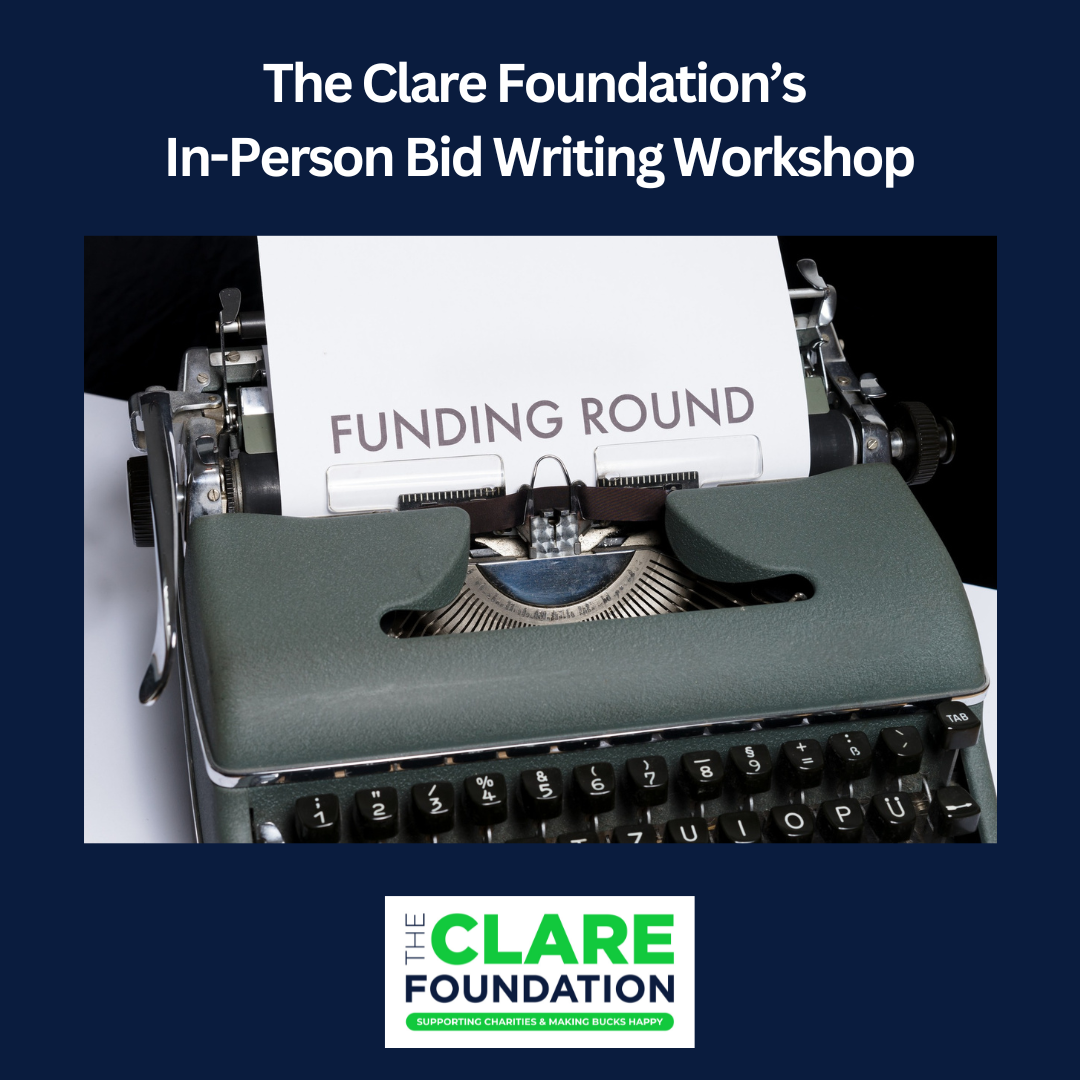 Image of typewriter with a sheet of paper with the text 'funding round'. This promotes TCF's bid writing workshop.